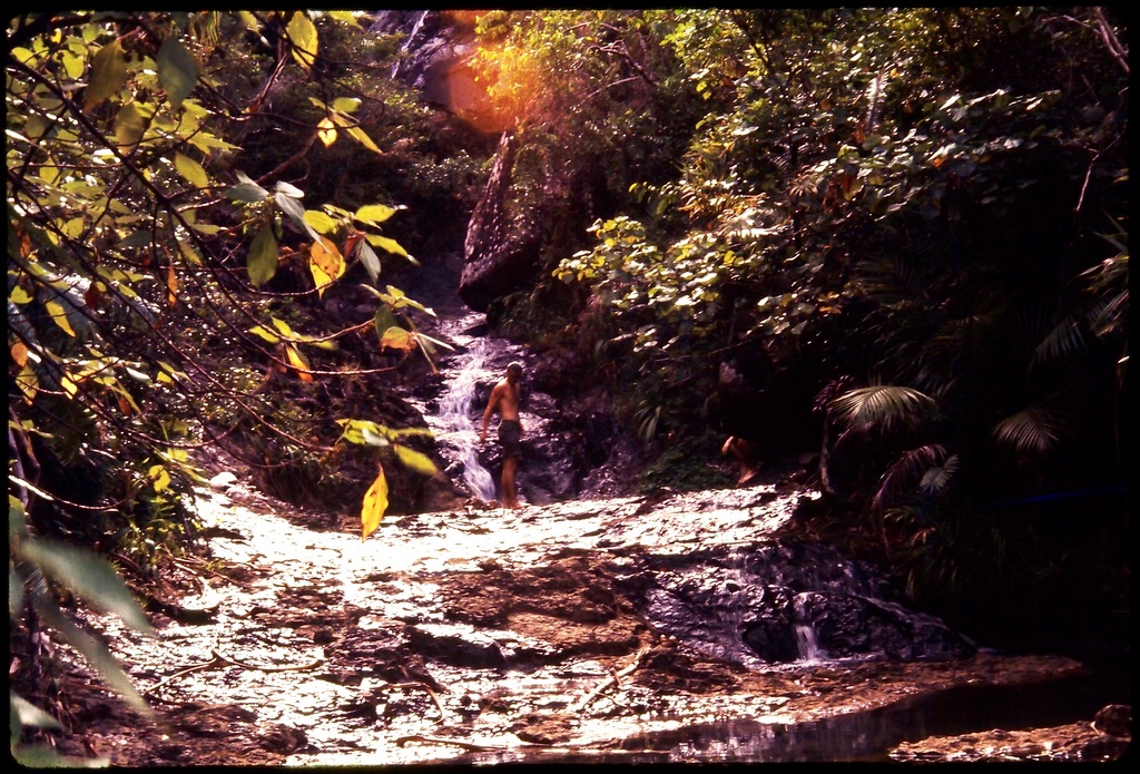 Mike Filus stands in stream halfway down ravine.